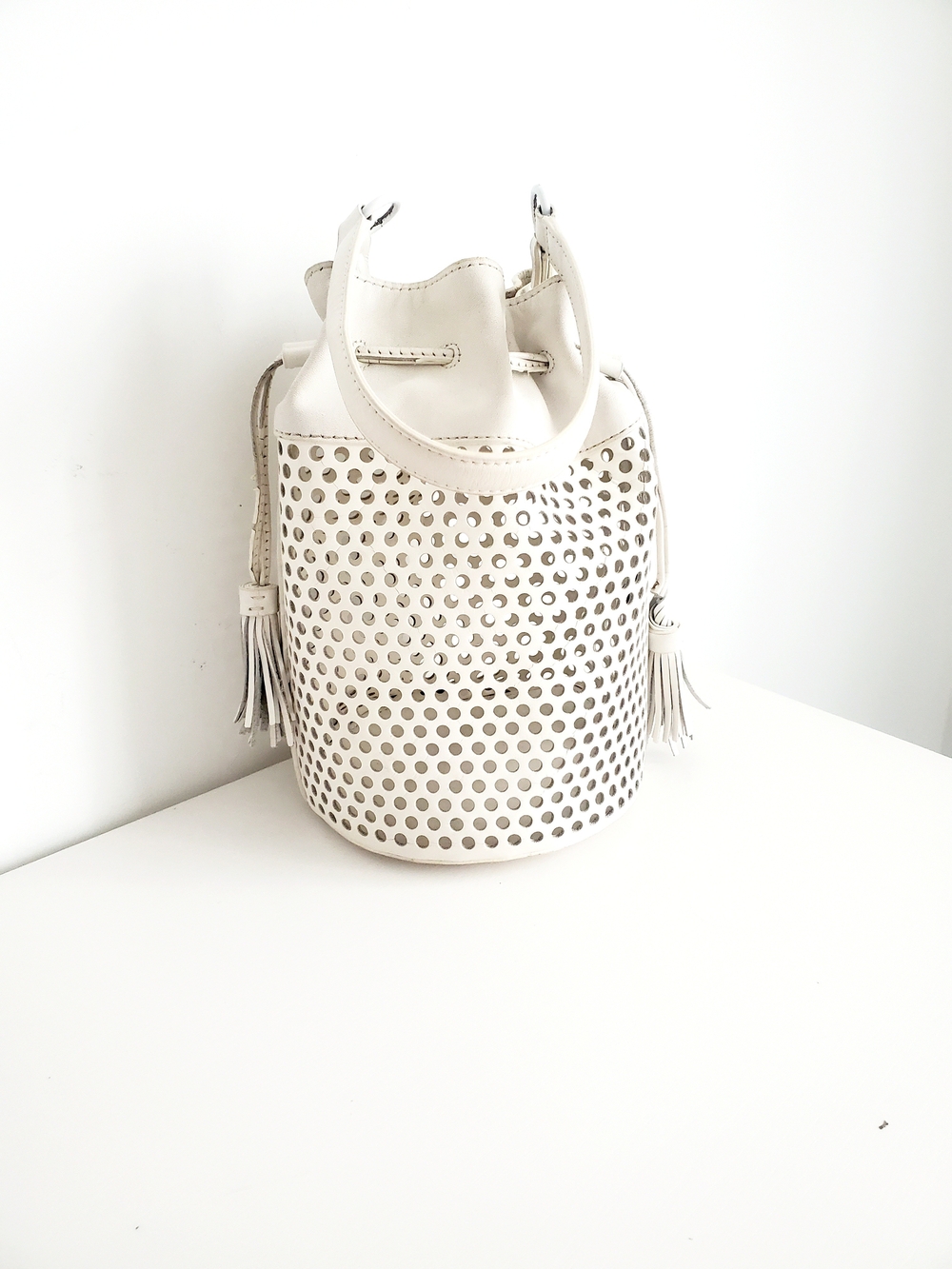 Loeffler Randall White Leather Perforated Bucket Tote with Tassels